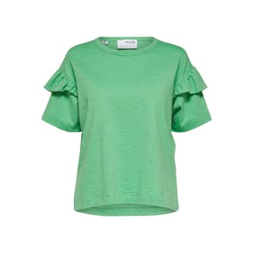 Selected Femme Organic Cotton Ruffle T-shirt In Absinth Green
