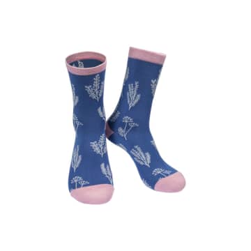Lark London Navy Floral Sprig Print Bamboo Women's Socks In Blue