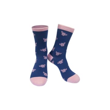 Lark London Navy & Pink Bee Print Bamboo Women's Socks In Blue