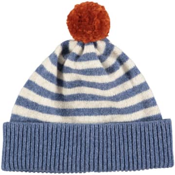 Catherine Tough Stripe Bobble Hat- Denim And Oatmeal / Rust Pom In Blue
