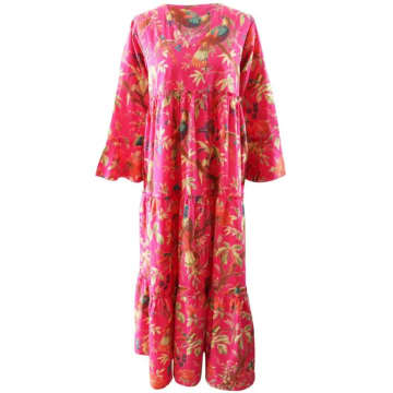 Powell Craft Hot Pink Birds Of Paradise Long Sleeved Cotton Tiered Dress
