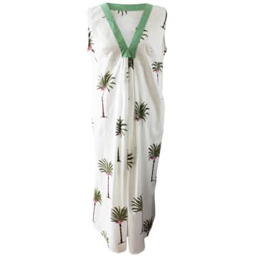 Powell Craft Green Palm Tree V Neck Sleeveless Cotton Dress