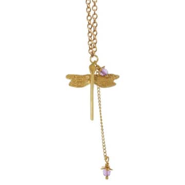 Amanda Coleman Dragonfly & Little Flower Pendant In Gold Plated Sterling Silver And Amethyst