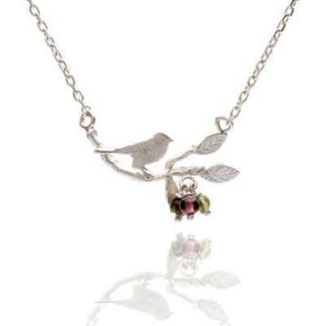 Amanda Coleman Bird Necklace In Sterling Silver With Tourmaline Berries In Metallic