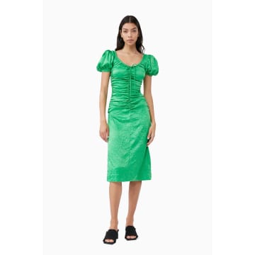 Shop Ganni Crinkled Satin Gathered U-neck Midi Dress In Green