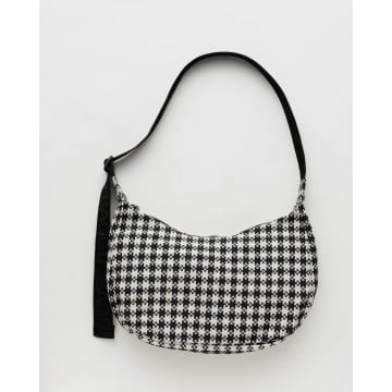 Baggu Medium Black And White Pixel Gingham Nylon Crescent Bag