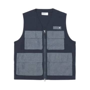 Universal Works Photographers Gilet In Navy Grey Lord Cotton Linen In Blue