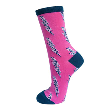 Miss Shorthair Pink And Blue Leopard Print Lightning Bolt Ladies Bamboo Socks