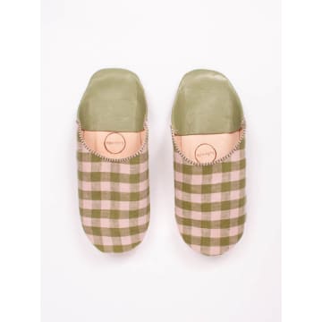 Bohemia Margot Linen Babouche Slippers Olive Check In Green