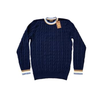 Stenströms Navy Blue Merino Wool Cable Knit Crew Neck With Trim Detail