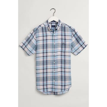 Gant Capri Blue Regular Fit Madras Short Sleeve Linen Shirt