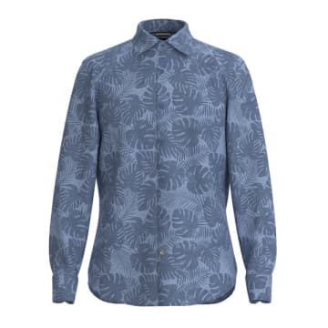 Hugo Boss Open Blue Slim Fit Cotton And Linen Blend Leaf Printed Shirt