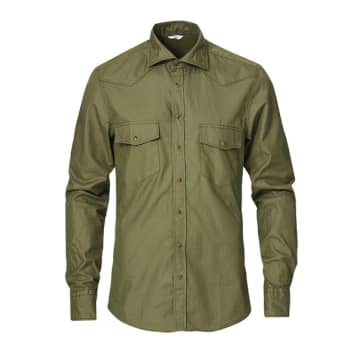 Stenströms Khaki Green Slimline Casual Overshirt With Snap Buttons In Neutrals