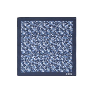 Hugo Boss Tonal Blue Cotton Pocket Square In Blue Leaf Print