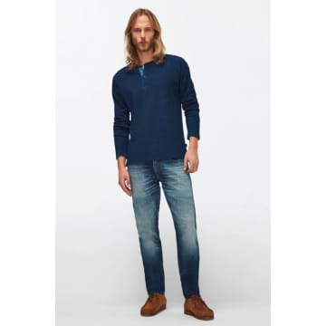 7 For All Mankind Mid Blue Cotton Textured Cotton Henley Long Sleeved Tee