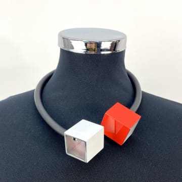 Christina Brampti Short  Red And White Rubber And Aluminium Squares Necklace