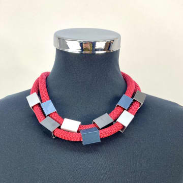Christina Brampti Short Double Cord Necklace With Red Squares Alum