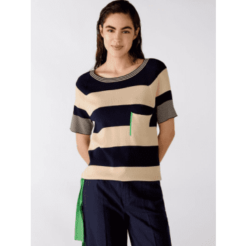Ouí Striped Sand And Navy With Green Tie Fine Knit Top 76018 0725 In Neutrals