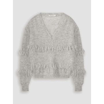 Summum Light Grey Melange V Neck Fringe Sweater