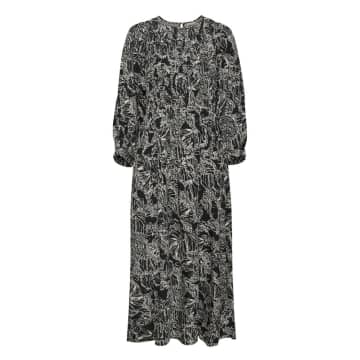 Inwear Puff-sleeve Hatched Flowers Dress In Patterned Black