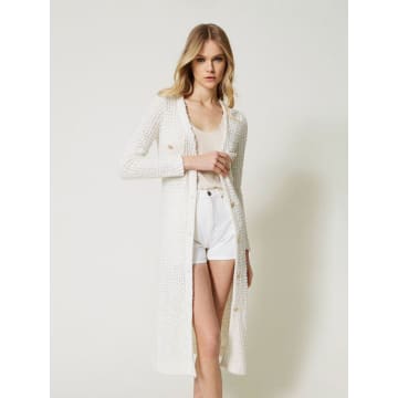 Twinset White Snow Cream Jacquard Cardigan With Sequins