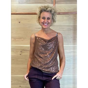 Acl Sequin Cami Top With Cowl Neck Copper In Metallic