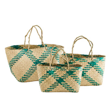 Madam Stoltz Medium Green Colourful Striped Seagrass Baskets With Handles