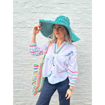 Nimo With Love Turquoise White Striped Magnolia Blouse With Toucan Embroidery In Blue