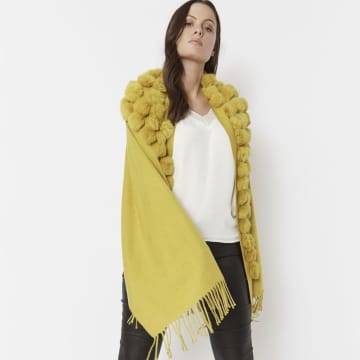 Jayley Reversible Cashmere Coney Fur Pom Pom Wrap With Pearls | Mustard