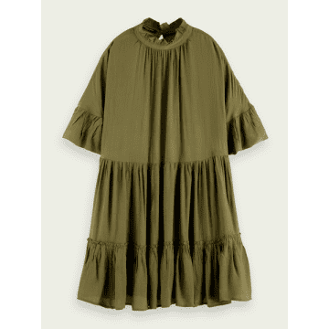 Scotch & Soda Ruffle-sleeved Tiered Mini Dress In Green