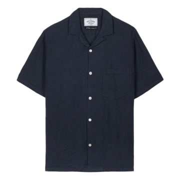 Shop Portuguese Flannel Linen Camp Collar Shirt Navy In Blue