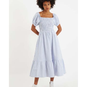 Lilac Rose Louche Babette Sail Stripe Shirred Bodice Midi Dress In Blue