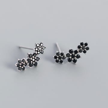 Curiouser Collection Triple Flower Black Cubic Zirconia Climber Earrings In Sterling Silver