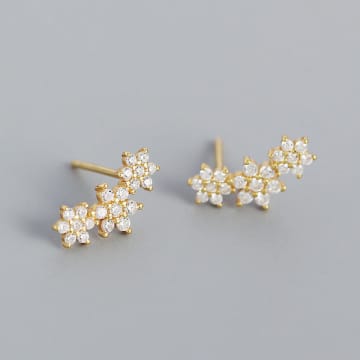 Curiouser Collection Triple Flower Cubic Zirconia Climber Earrings In Gold Plated Sterling Silver
