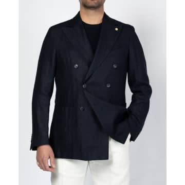 Cavaliere Beau Dark Blue Double Breasted Linen And Wool Jaacket