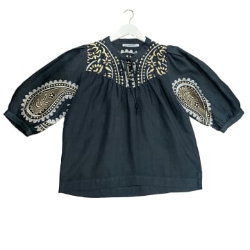 Greek Archaic Kori Paisley Blouse In Charcoal And Gold 240141
