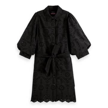 Scotch & Soda Puffed-sleeve Broderie Anglaise Mini Dress In Black