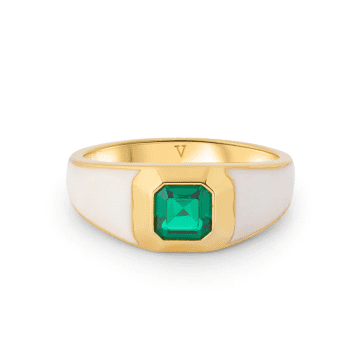 V By Laura Vann Sophie White Enamel / Green Stone Signet Ring In Gold