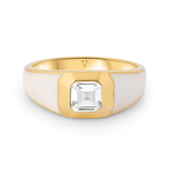 V By Laura Vann Sophie White Enamel / White Stone Signet Ring In Gold