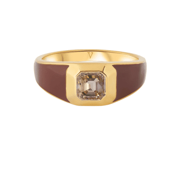 V By Laura Vann Sophie Brown Enamel / Champagne Stone Signet Ring In Gold