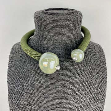 Christina Brampti Short Green Silk Cord Necklace With Ceramic Beads