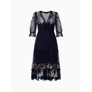 FRENCH CONNECTION INDIGO AMBRE EMBROIDERED CLUSTER MAXI DRESS