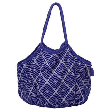 Somerville Large Woven Cotton Beach Bag With Tassel & Tie In Blue