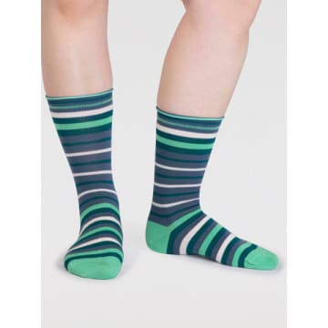 Thought Spw835 Lucia Bamboo Stripe Socks In Misty Blue