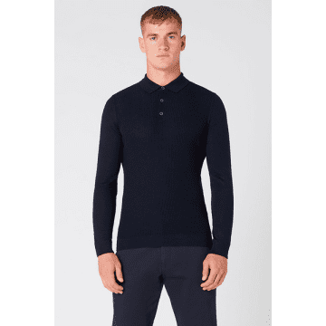 Remus Uomo Navy Merino Wool Blend Long Sleeve Knitted Polo Shirt In Blue
