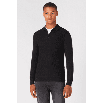 Remus Uomo Black Merino Wool Blend Long Sleeve Knitted Polo Shirt