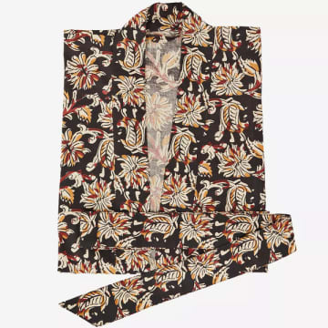 Madam Stoltz Printed Cotton Kimono With Belt In Black
