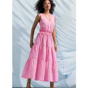 120% Lino Sleeveless Tiered-skirt Midi Dress In Rosa