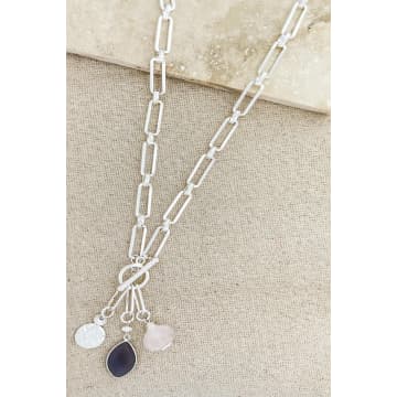 Envy Long Silver Necklace With Semi Precious Charms In Metallic