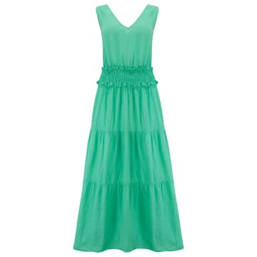 120% Lino Sleeveless Tiered Dress In Emerald